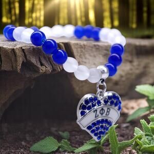 Zeta Phi Beta Bracelet Clear Clue & White Beaded with Zeta Heart‎ Charm
